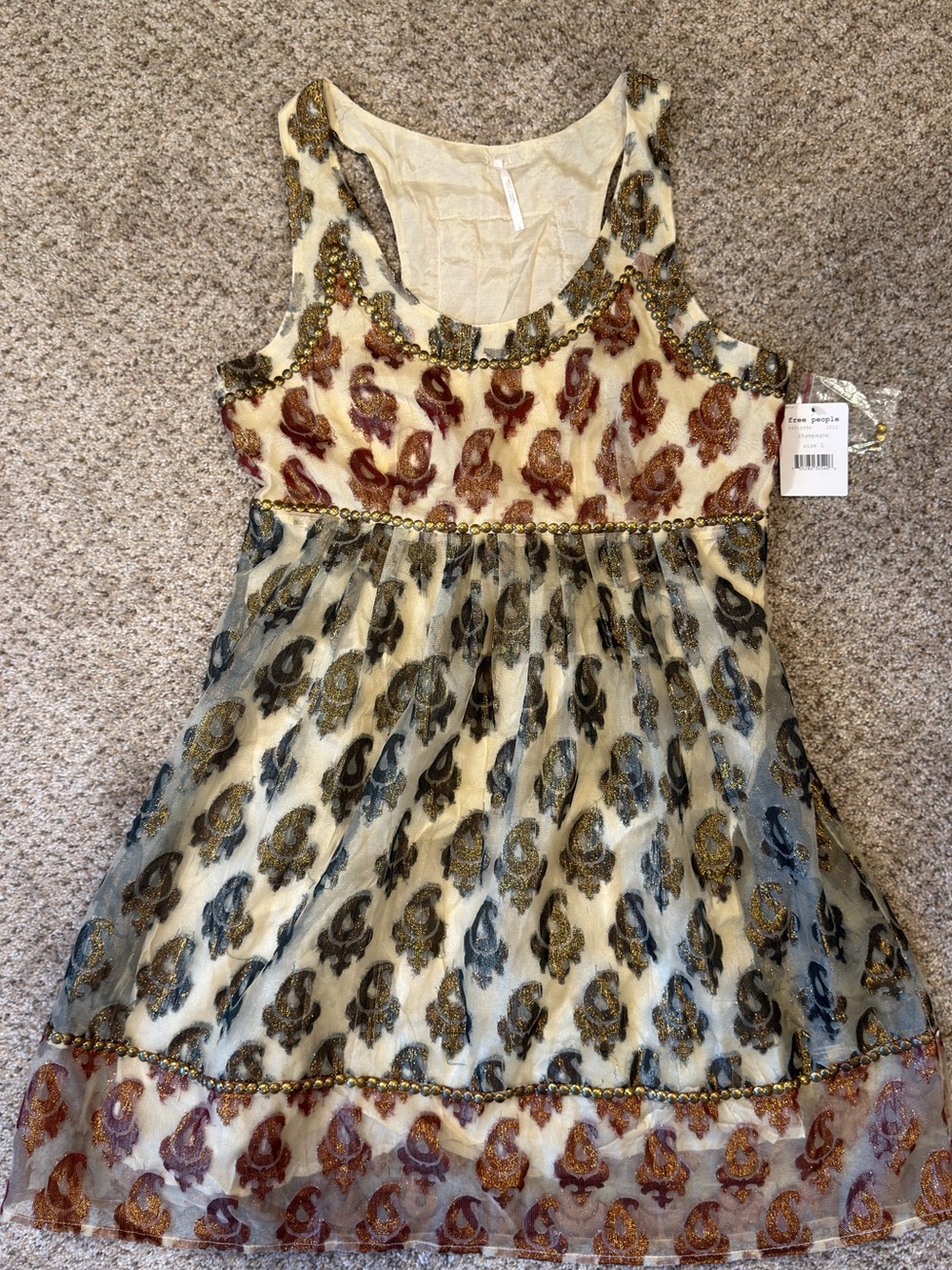 Free People Cream Paisley Embroidered Tank Dress with Multicolor Beading
